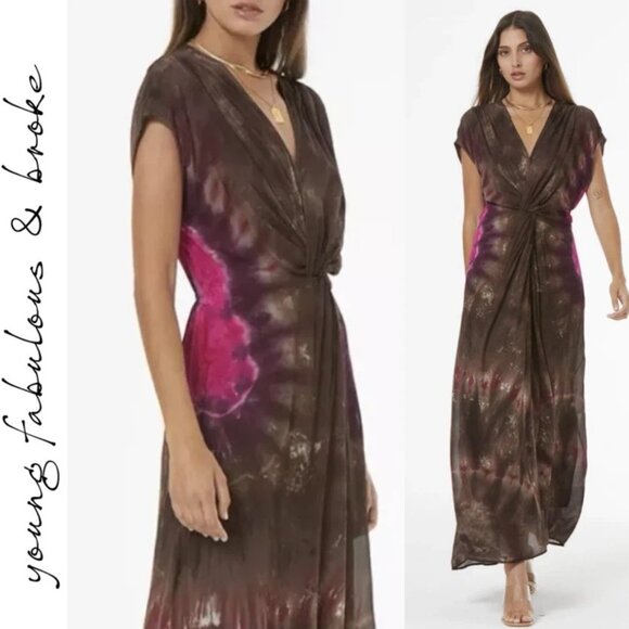 Young Fabulous & Broke Dresses & Skirts - Young Fabulous & Broke Helena V-neck Tie Dye Knotted Front Brown Maxi Dress